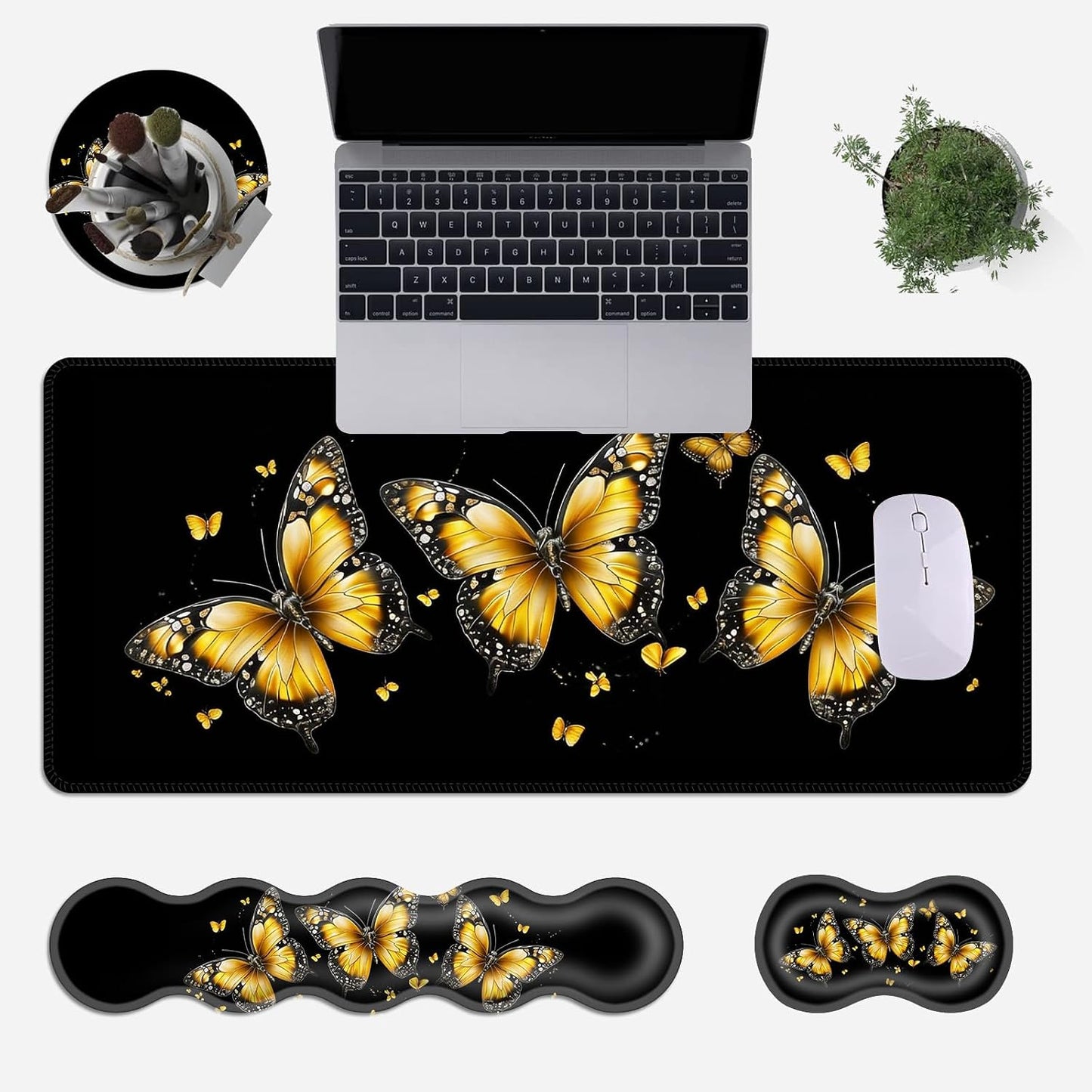 Large Mouse Pad Set,Extended Mouse Pad+Keyboard Wrist Rest Support Desk Pad Memory Foam Ergonomic Easy Typing,31.5×11.8 in Desk Mat Set for Home Office,Yellow Butterfly
