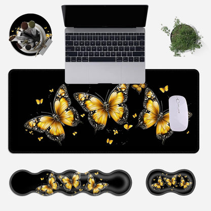 Large Mouse Pad Set,Extended Mouse Pad+Keyboard Wrist Rest Support Desk Pad Memory Foam Ergonomic Easy Typing,31.5×11.8 in Desk Mat Set for Home Office,Yellow Butterfly