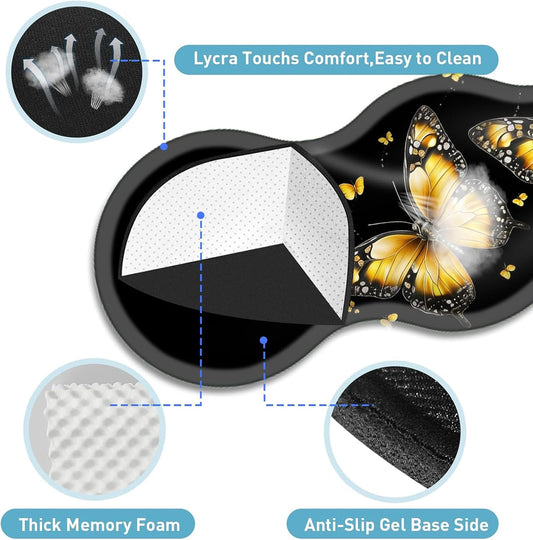 Large Mouse Pad Set,Extended Mouse Pad+Keyboard Wrist Rest Support Desk Pad Memory Foam Ergonomic Easy Typing,31.5×11.8 in Desk Mat Set for Home Office,Yellow Butterfly