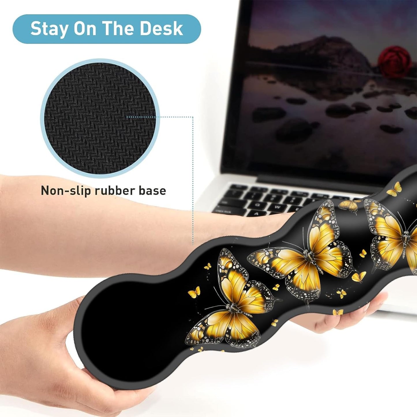 Large Mouse Pad Set,Extended Mouse Pad+Keyboard Wrist Rest Support Desk Pad Memory Foam Ergonomic Easy Typing,31.5×11.8 in Desk Mat Set for Home Office,Yellow Butterfly