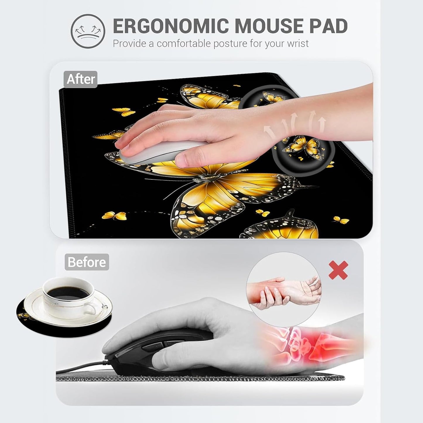 Large Mouse Pad Set,Extended Mouse Pad+Keyboard Wrist Rest Support Desk Pad Memory Foam Ergonomic Easy Typing,31.5×11.8 in Desk Mat Set for Home Office,Yellow Butterfly