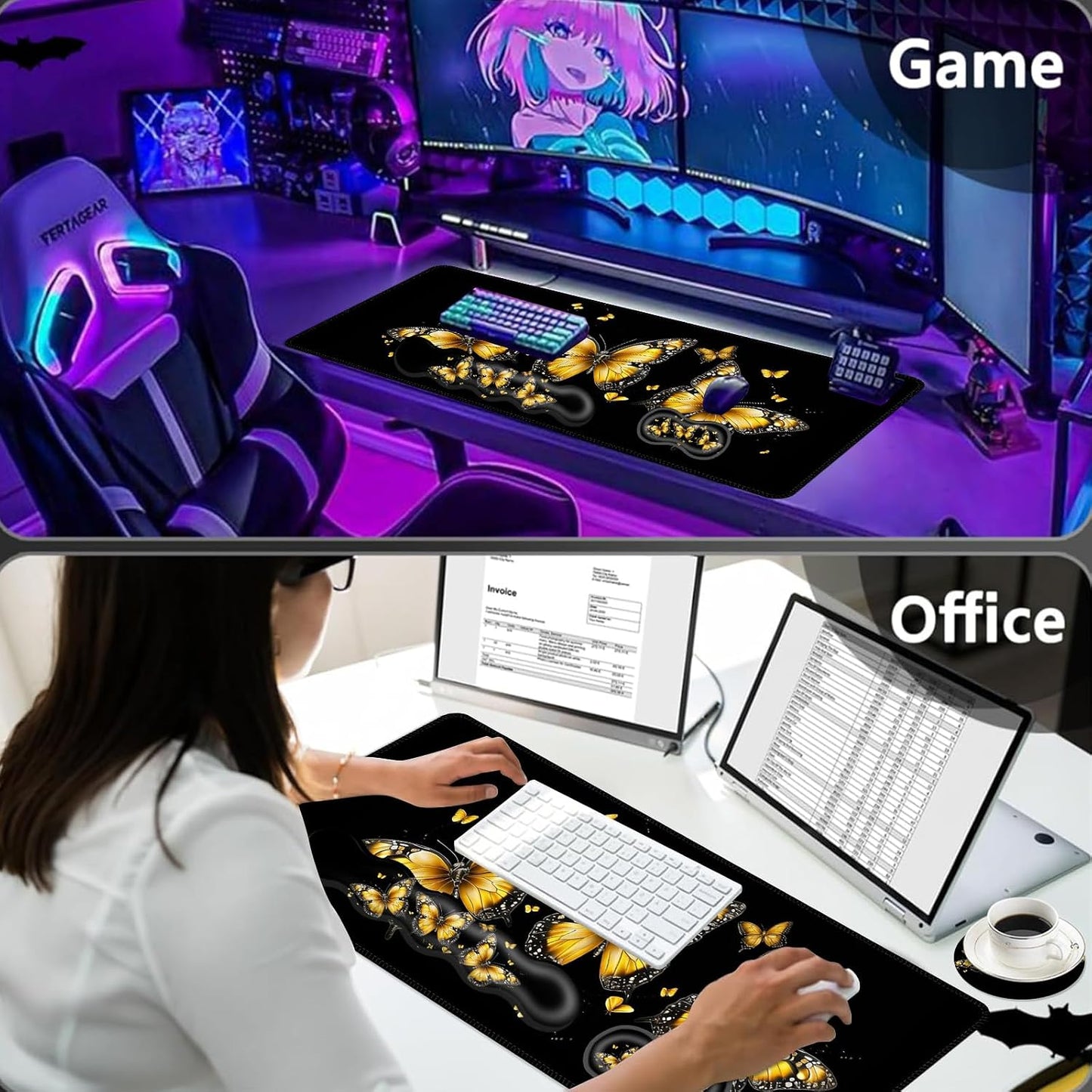 Large Mouse Pad Set,Extended Mouse Pad+Keyboard Wrist Rest Support Desk Pad Memory Foam Ergonomic Easy Typing,31.5×11.8 in Desk Mat Set for Home Office,Yellow Butterfly