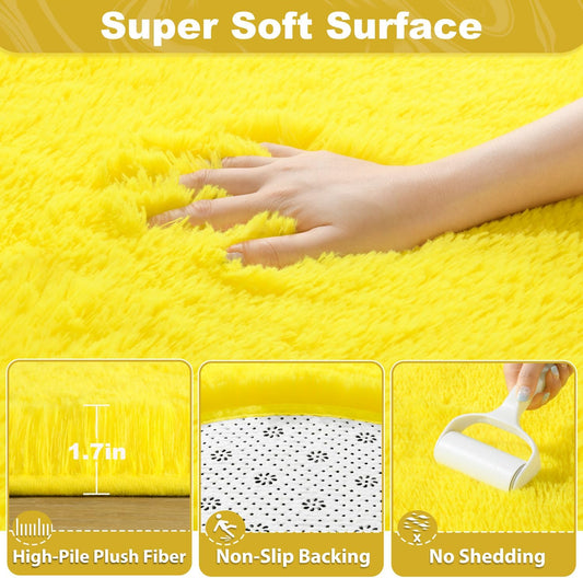 EVOIONOS Yellow Round Rug for Bedroom, 4x4 Ft Fluffy Soft Circle Area Rugs for Living Room, Plush Shaggy Circular Carpet for Indoor Floor Bedside Kids Nursery, Machine-Washable Home Decor Aesthetic