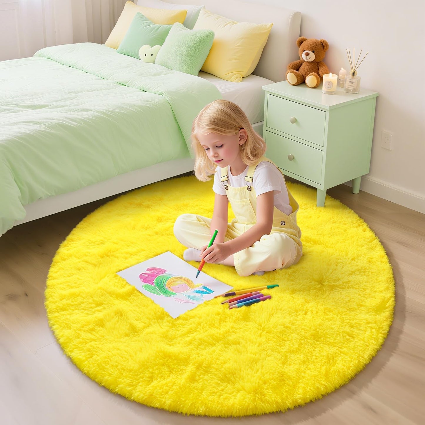 EVOIONOS Yellow Round Rug for Bedroom, 4x4 Ft Fluffy Soft Circle Area Rugs for Living Room, Plush Shaggy Circular Carpet for Indoor Floor Bedside Kids Nursery, Machine-Washable Home Decor Aesthetic