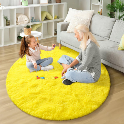 EVOIONOS Yellow Round Rug for Bedroom, 4x4 Ft Fluffy Soft Circle Area Rugs for Living Room, Plush Shaggy Circular Carpet for Indoor Floor Bedside Kids Nursery, Machine-Washable Home Decor Aesthetic