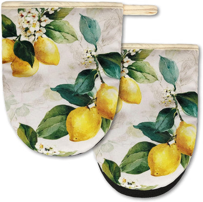 Watercolor Lemon Mini Silicone Oven Mitts 2-Pack Set, Heat Slip Resistant Kitchen Gloves, Soft Oven Mittens for Baking & Cooking