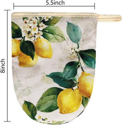 Watercolor Lemon Mini Silicone Oven Mitts 2-Pack Set, Heat Slip Resistant Kitchen Gloves, Soft Oven Mittens for Baking & Cooking