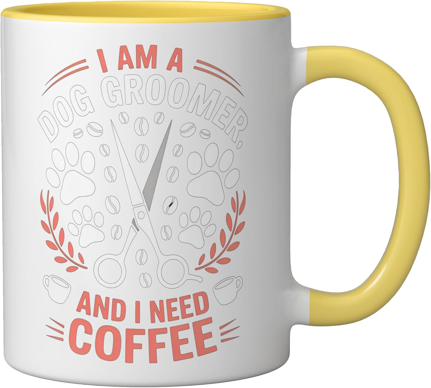 I Am a Dog Groomer Coffee Lover Funny Pet Care Work Attire Ceramic Mug, Yellow/White
