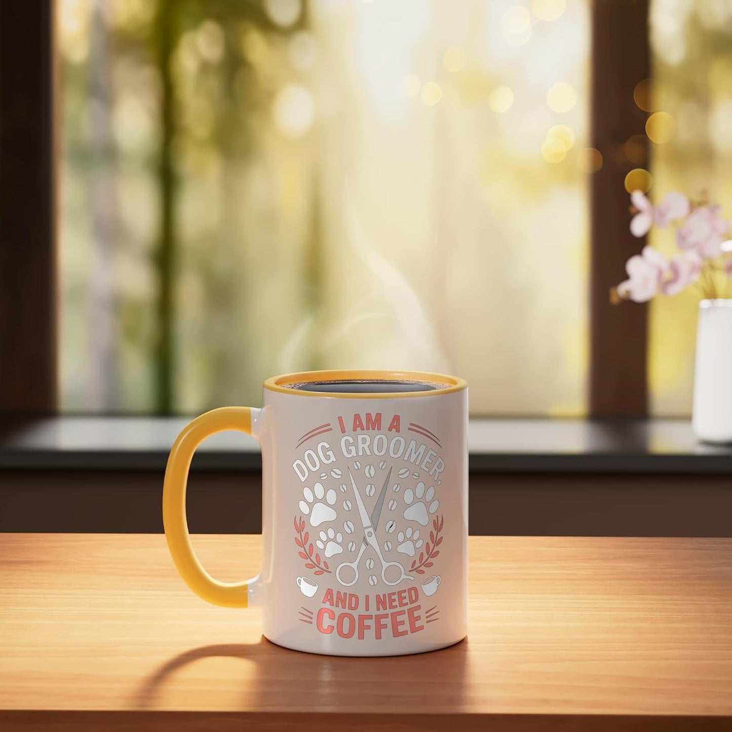 I Am a Dog Groomer Coffee Lover Funny Pet Care Work Attire Ceramic Mug, Yellow/White