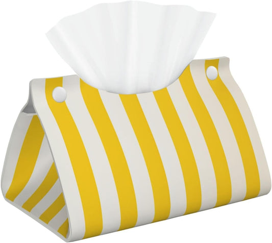 Lemon Yellow Stripes Tissue Box Cover, Pu Leather Tissue Case Covers Rectangle Decorative Tissue Box Holder Waterproof Tissue Holder Organizer for Bathroom Home Office