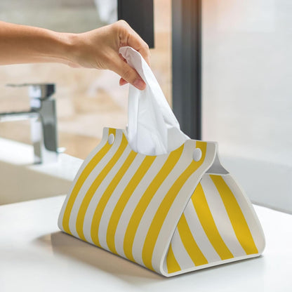 Lemon Yellow Stripes Tissue Box Cover, Pu Leather Tissue Case Covers Rectangle Decorative Tissue Box Holder Waterproof Tissue Holder Organizer for Bathroom Home Office