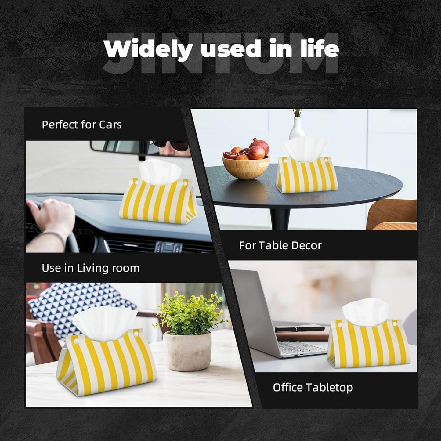 Lemon Yellow Stripes Tissue Box Cover, Pu Leather Tissue Case Covers Rectangle Decorative Tissue Box Holder Waterproof Tissue Holder Organizer for Bathroom Home Office