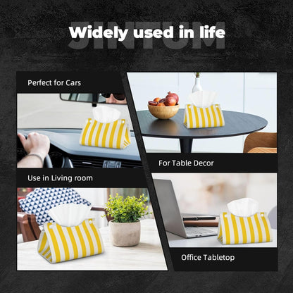 Lemon Yellow Stripes Tissue Box Cover, Pu Leather Tissue Case Covers Rectangle Decorative Tissue Box Holder Waterproof Tissue Holder Organizer for Bathroom Home Office