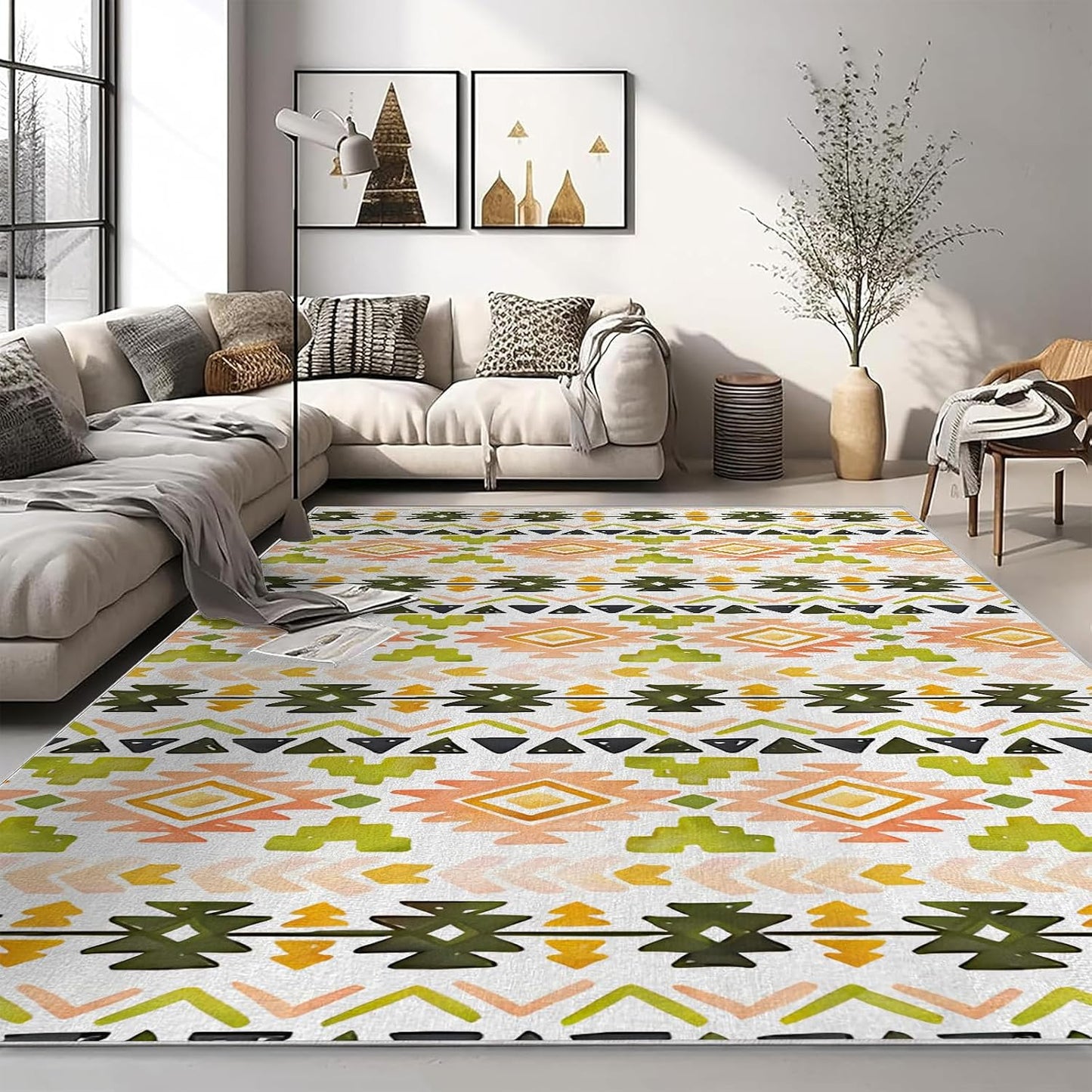 Modern Aesthetics Non-Slip Area Rug – Soft Low Pile Abstract,Machine Washable Rug for Living Room, Bedroom, Hallway – Easy Clean Decorative Home Carpet Yellow