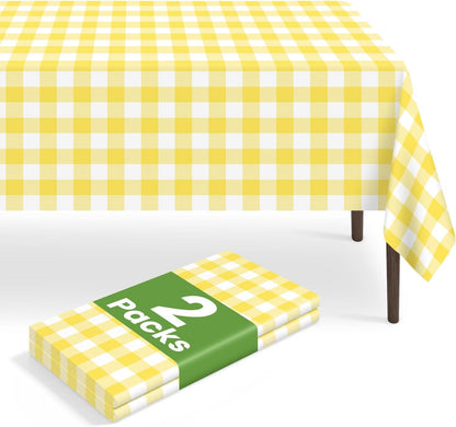 2 Pack Yellow and White Checkered Tablecloth, Yellow Plastic Table Cloths for Parties Disposable, 54 x 108 inch Waterproof Yellow Gingham Camping Tablecloth for Birthday, Party, Picnic, School
