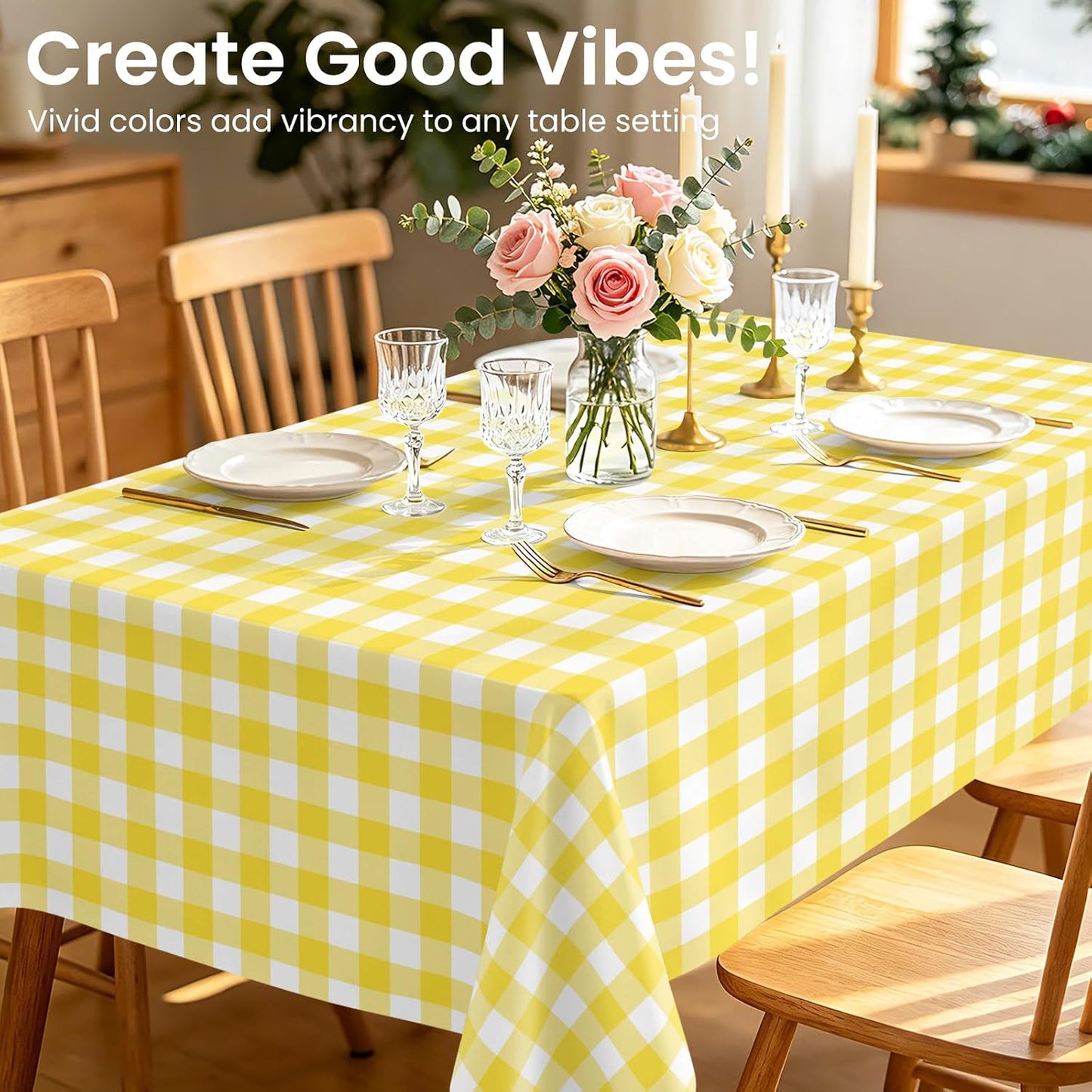 2 Pack Yellow and White Checkered Tablecloth, Yellow Plastic Table Cloths for Parties Disposable, 54 x 108 inch Waterproof Yellow Gingham Camping Tablecloth for Birthday, Party, Picnic, School
