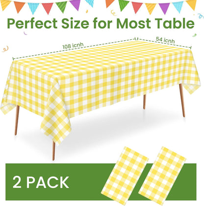 2 Pack Yellow and White Checkered Tablecloth, Yellow Plastic Table Cloths for Parties Disposable, 54 x 108 inch Waterproof Yellow Gingham Camping Tablecloth for Birthday, Party, Picnic, School