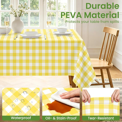 2 Pack Yellow and White Checkered Tablecloth, Yellow Plastic Table Cloths for Parties Disposable, 54 x 108 inch Waterproof Yellow Gingham Camping Tablecloth for Birthday, Party, Picnic, School