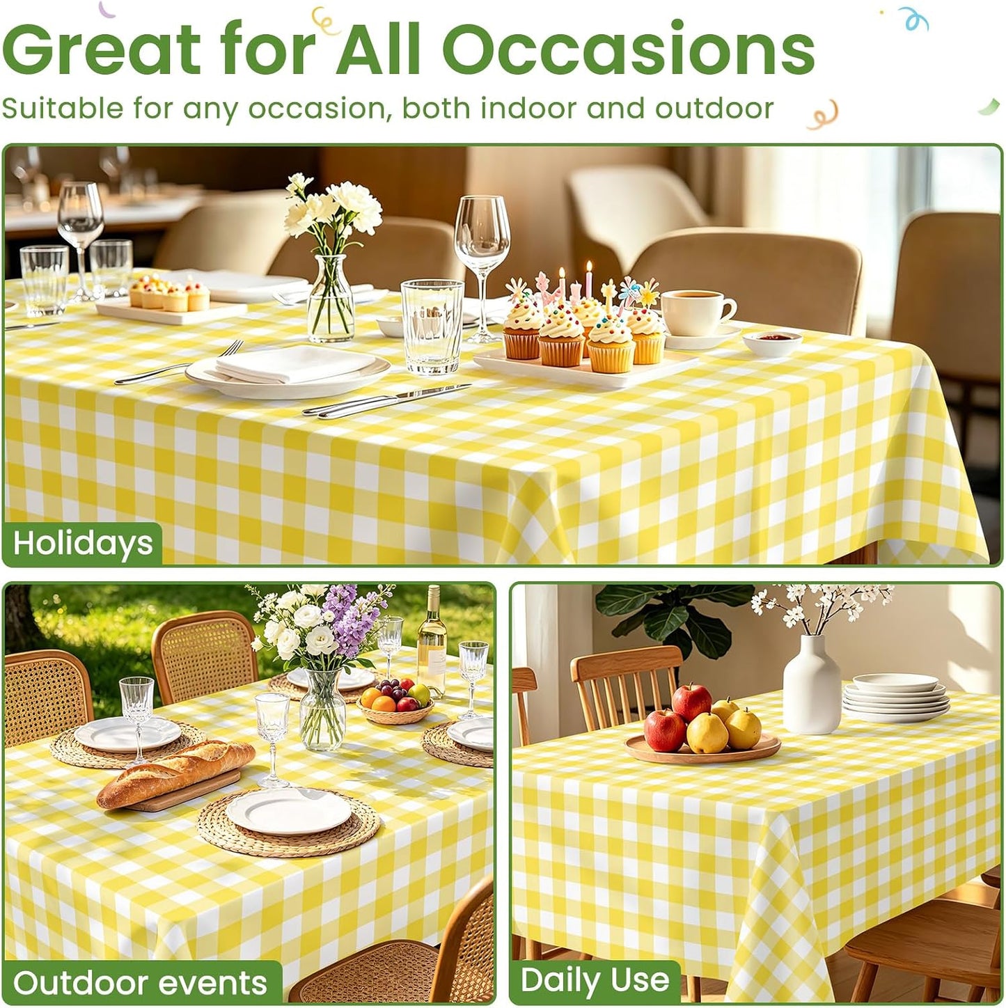 2 Pack Yellow and White Checkered Tablecloth, Yellow Plastic Table Cloths for Parties Disposable, 54 x 108 inch Waterproof Yellow Gingham Camping Tablecloth for Birthday, Party, Picnic, School