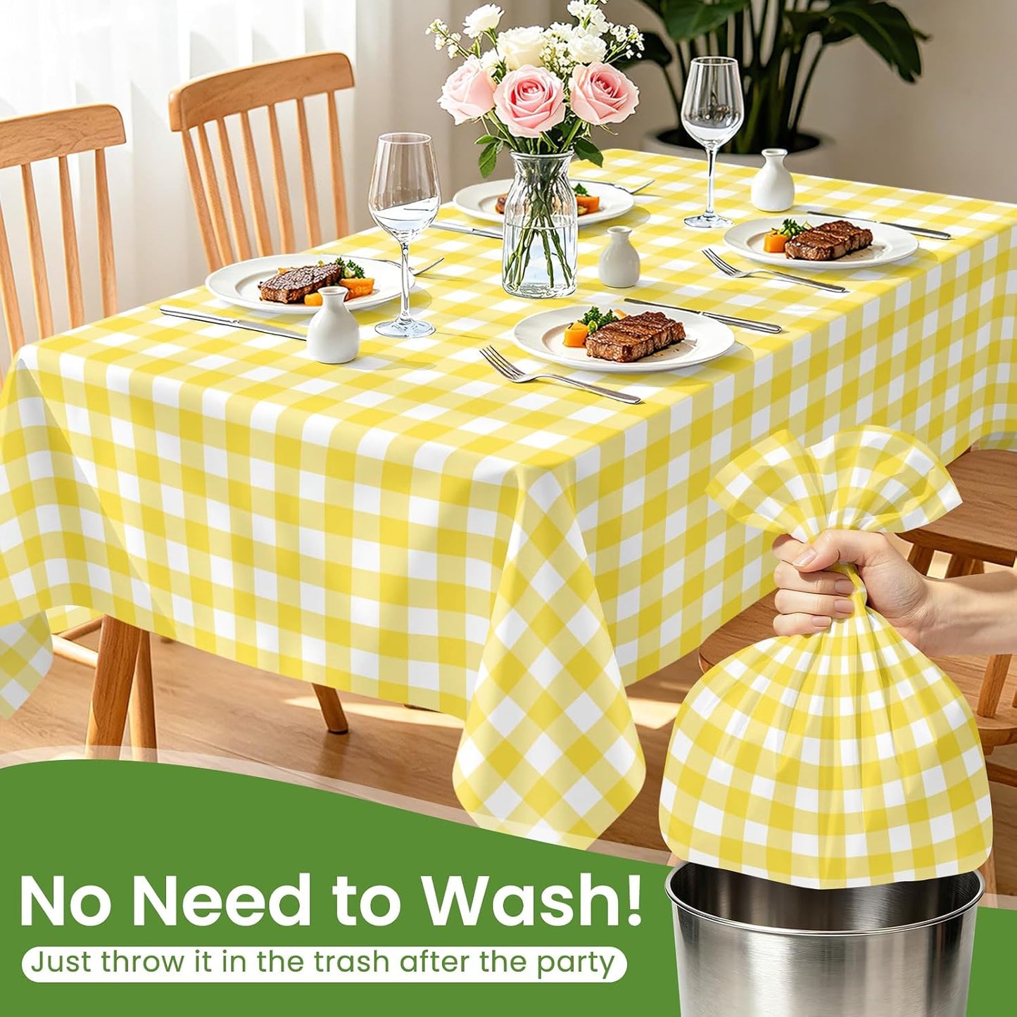 2 Pack Yellow and White Checkered Tablecloth, Yellow Plastic Table Cloths for Parties Disposable, 54 x 108 inch Waterproof Yellow Gingham Camping Tablecloth for Birthday, Party, Picnic, School