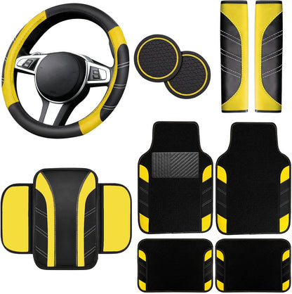 10 Pcs Car Floor Mats Full Set & Sport Leather Steering Wheel Cover 14.5-15 inch, Center Console Cover, Seat Belt Cushion, Cup Holder Coaster, Universal Automobile Interior Sets (Yellow)