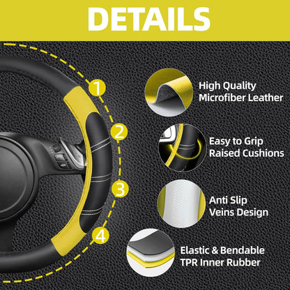 10 Pcs Car Floor Mats Full Set & Sport Leather Steering Wheel Cover 14.5-15 inch, Center Console Cover, Seat Belt Cushion, Cup Holder Coaster, Universal Automobile Interior Sets (Yellow)