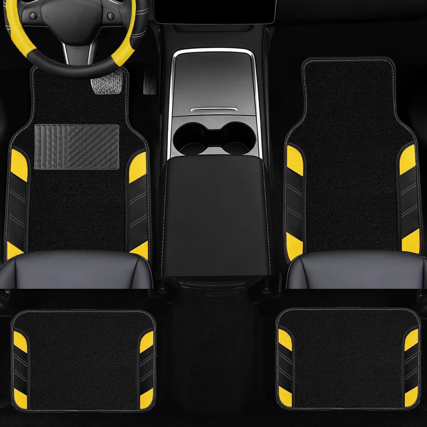 10 Pcs Car Floor Mats Full Set & Sport Leather Steering Wheel Cover 14.5-15 inch, Center Console Cover, Seat Belt Cushion, Cup Holder Coaster, Universal Automobile Interior Sets (Yellow)