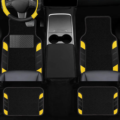 10 Pcs Car Floor Mats Full Set & Sport Leather Steering Wheel Cover 14.5-15 inch, Center Console Cover, Seat Belt Cushion, Cup Holder Coaster, Universal Automobile Interior Sets (Yellow)