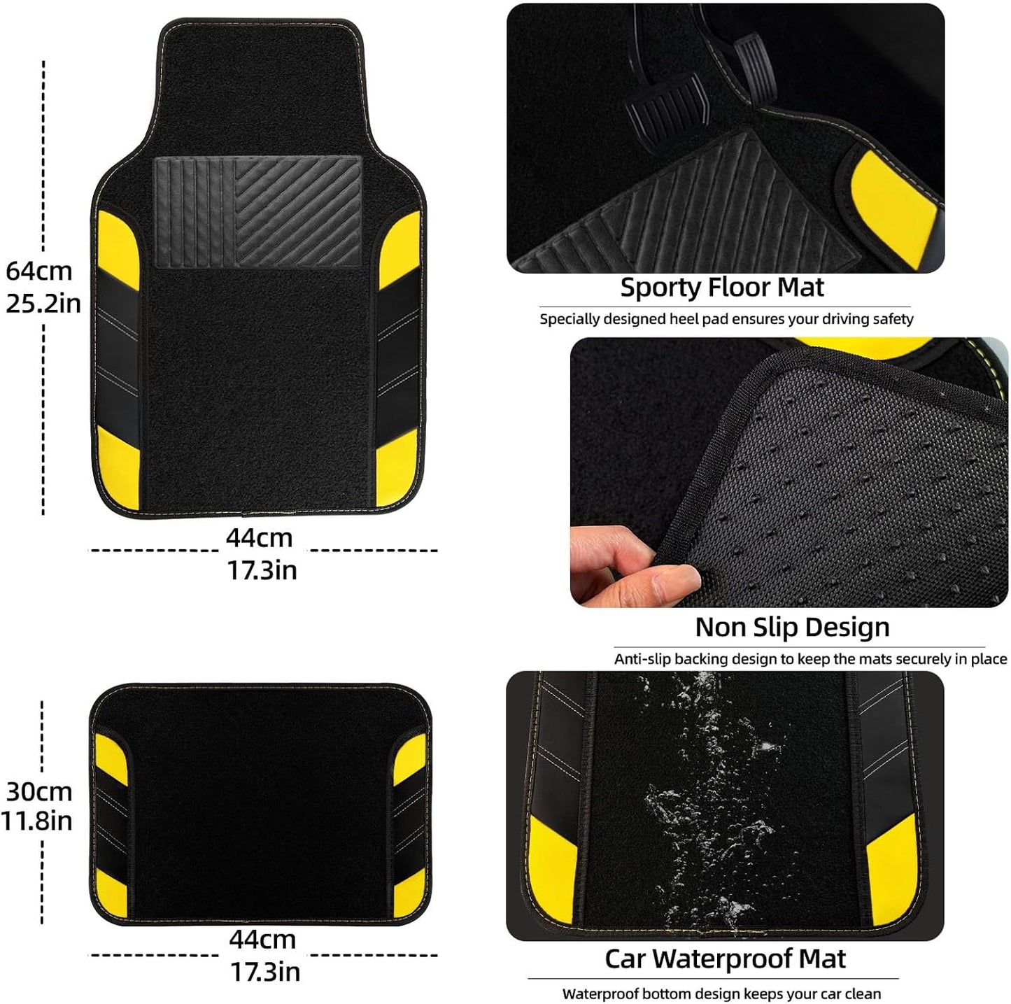 10 Pcs Car Floor Mats Full Set & Sport Leather Steering Wheel Cover 14.5-15 inch, Center Console Cover, Seat Belt Cushion, Cup Holder Coaster, Universal Automobile Interior Sets (Yellow)