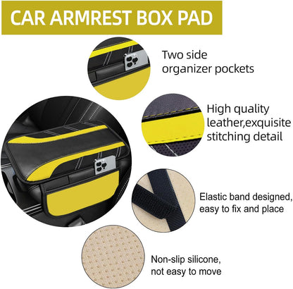10 Pcs Car Floor Mats Full Set & Sport Leather Steering Wheel Cover 14.5-15 inch, Center Console Cover, Seat Belt Cushion, Cup Holder Coaster, Universal Automobile Interior Sets (Yellow)