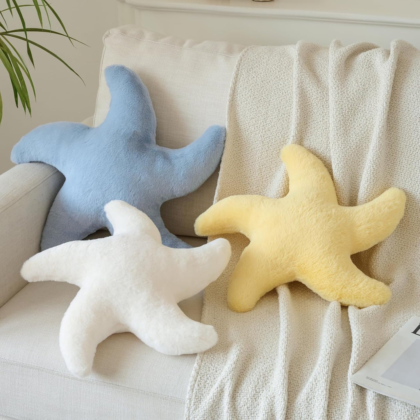 Starfish Pillow, 14.9" Cute Aesthetic Room Decor Accent Pillows, Yellow | Decorative Pillows Plush with Soft Faux Rabbit Fur for Couch, Bed, Seating, Bedroom, Living Room