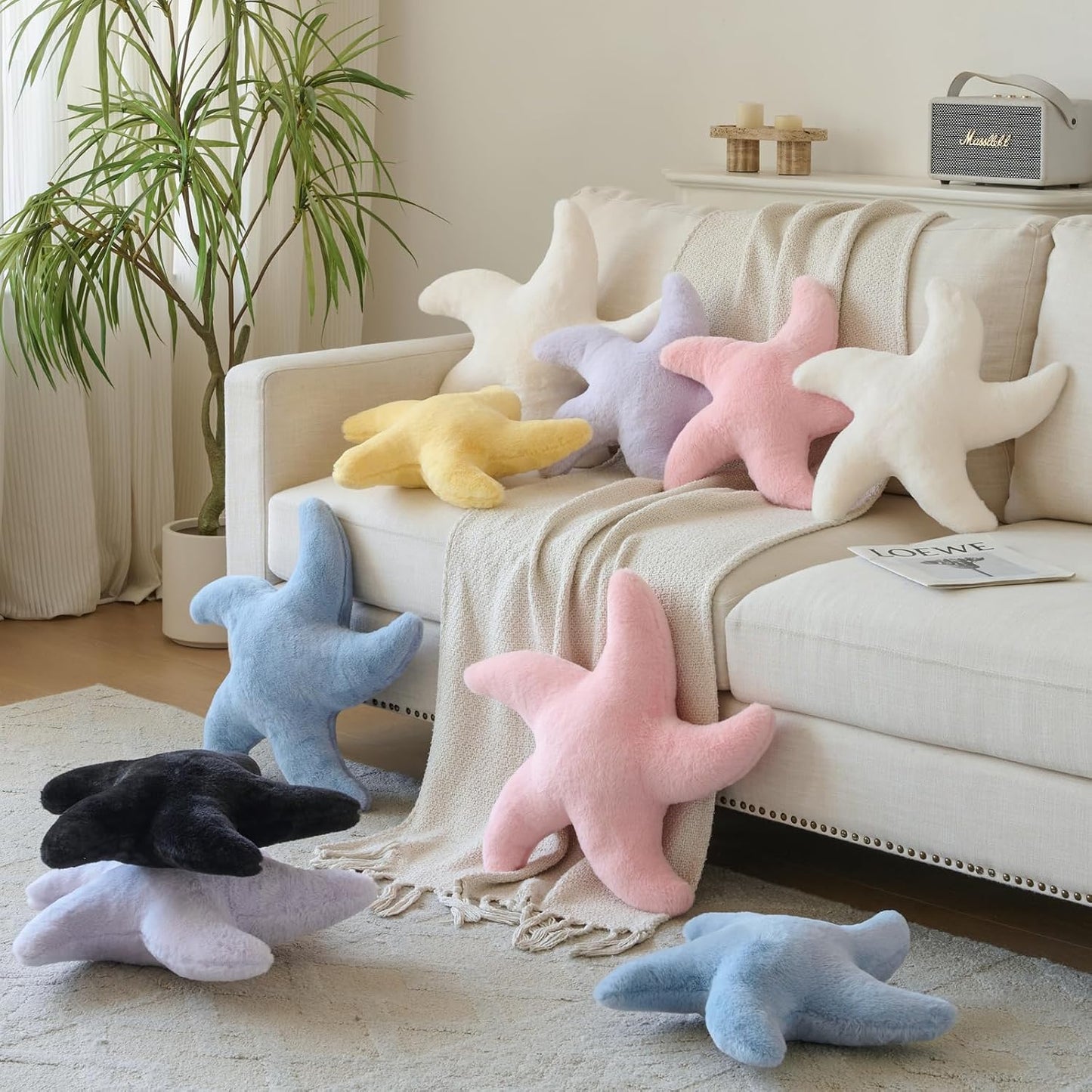 Starfish Pillow, 14.9" Cute Aesthetic Room Decor Accent Pillows, Yellow | Decorative Pillows Plush with Soft Faux Rabbit Fur for Couch, Bed, Seating, Bedroom, Living Room