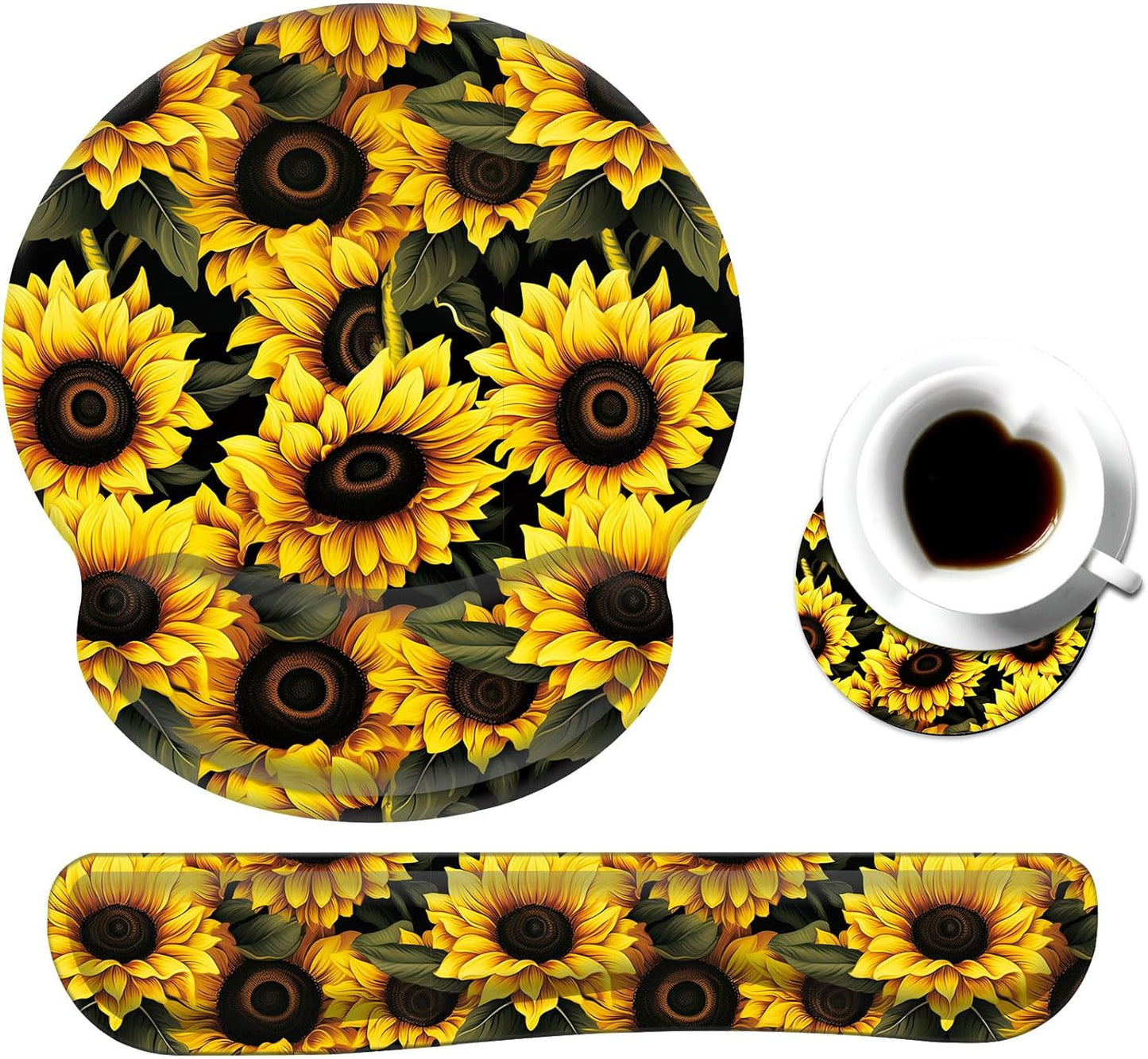 Keyboard Wrist Rest and Mouse Pad Wrist Support Set with Coaster,Ergonomic Mouse Pad,Comfortable for Easy Typing, Pain Relief,Memory Foam Keyboard Pad Set for Laptop Mac,Cute Yellow Sunflowers