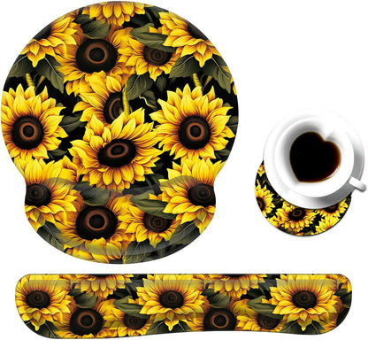 Keyboard Wrist Rest and Mouse Pad Wrist Support Set with Coaster,Ergonomic Mouse Pad,Comfortable for Easy Typing, Pain Relief,Memory Foam Keyboard Pad Set for Laptop Mac,Cute Yellow Sunflowers