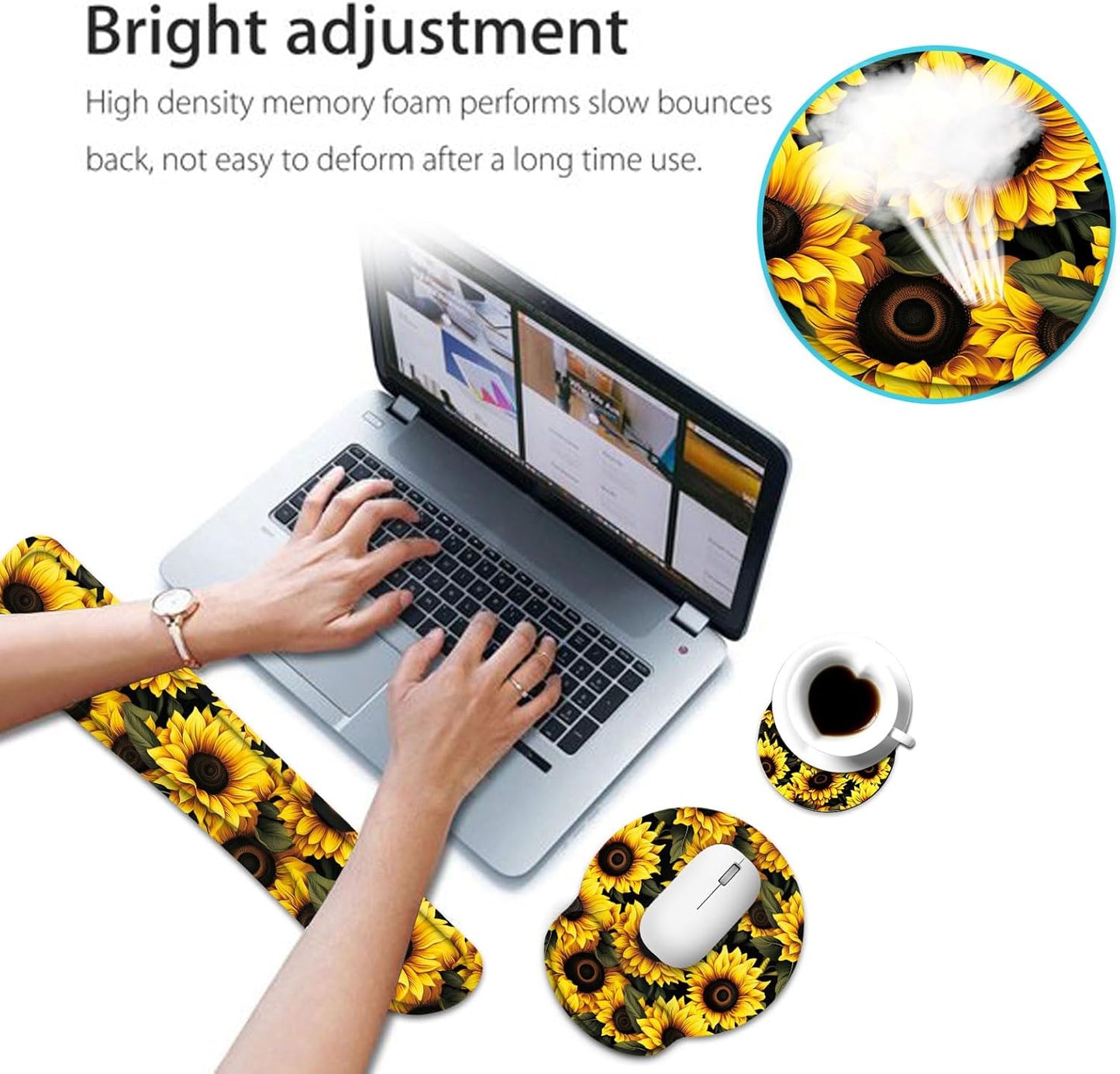 Keyboard Wrist Rest and Mouse Pad Wrist Support Set with Coaster,Ergonomic Mouse Pad,Comfortable for Easy Typing, Pain Relief,Memory Foam Keyboard Pad Set for Laptop Mac,Cute Yellow Sunflowers