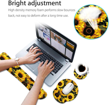 Keyboard Wrist Rest and Mouse Pad Wrist Support Set with Coaster,Ergonomic Mouse Pad,Comfortable for Easy Typing, Pain Relief,Memory Foam Keyboard Pad Set for Laptop Mac,Cute Yellow Sunflowers