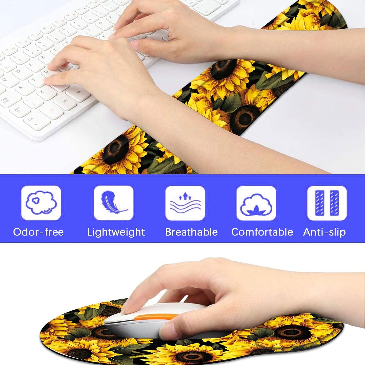 Keyboard Wrist Rest and Mouse Pad Wrist Support Set with Coaster,Ergonomic Mouse Pad,Comfortable for Easy Typing, Pain Relief,Memory Foam Keyboard Pad Set for Laptop Mac,Cute Yellow Sunflowers