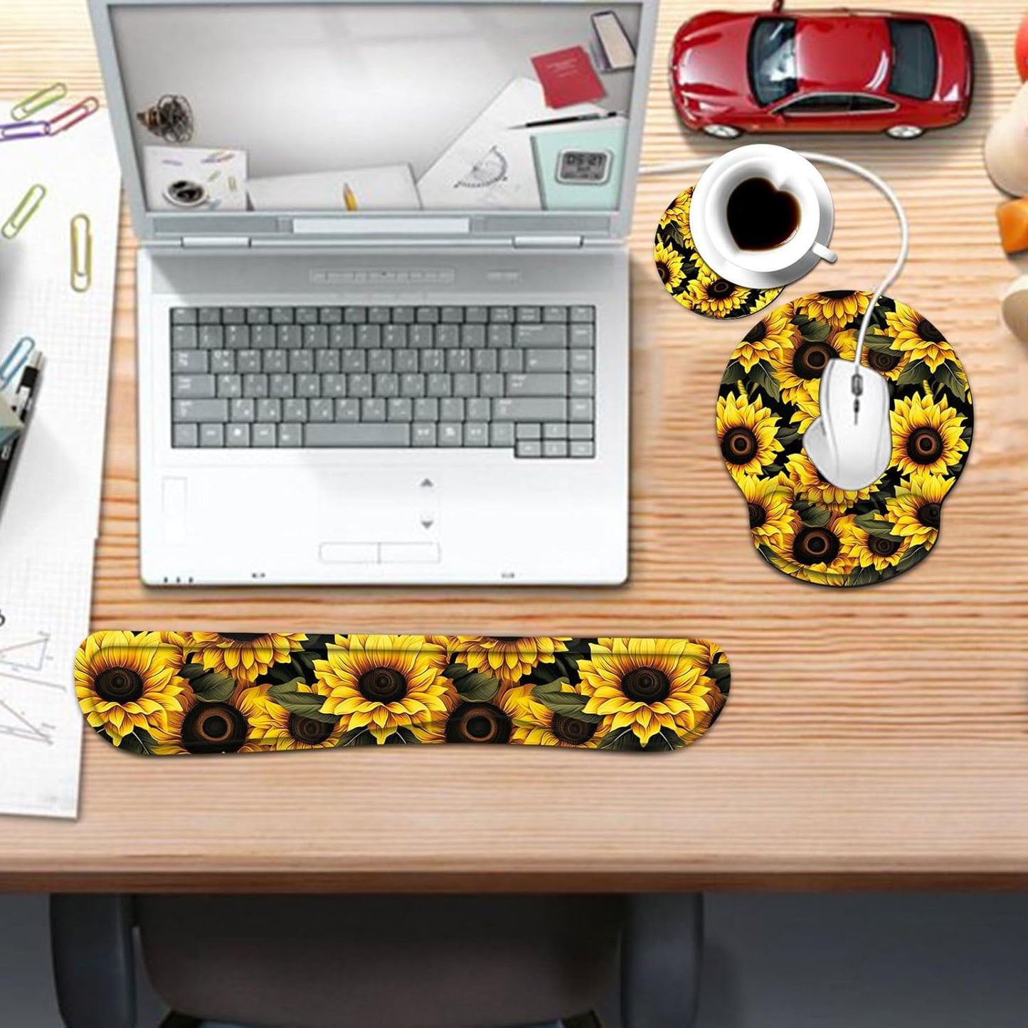 Keyboard Wrist Rest and Mouse Pad Wrist Support Set with Coaster,Ergonomic Mouse Pad,Comfortable for Easy Typing, Pain Relief,Memory Foam Keyboard Pad Set for Laptop Mac,Cute Yellow Sunflowers
