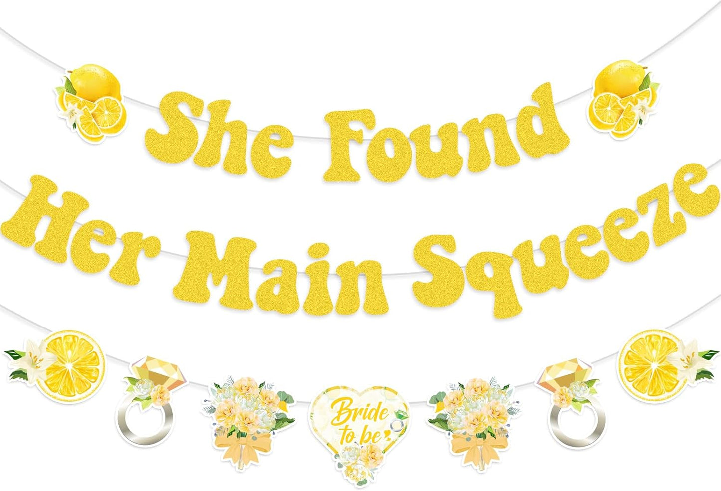 She Found Her Main Squeeze Banner-Lemon Theme Bridal Shower Decoration, Diamond Ring Garland for Lemon Bridal Shower Bachelorette Wedding Engagement Party Supplies