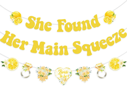She Found Her Main Squeeze Banner-Lemon Theme Bridal Shower Decoration, Diamond Ring Garland for Lemon Bridal Shower Bachelorette Wedding Engagement Party Supplies