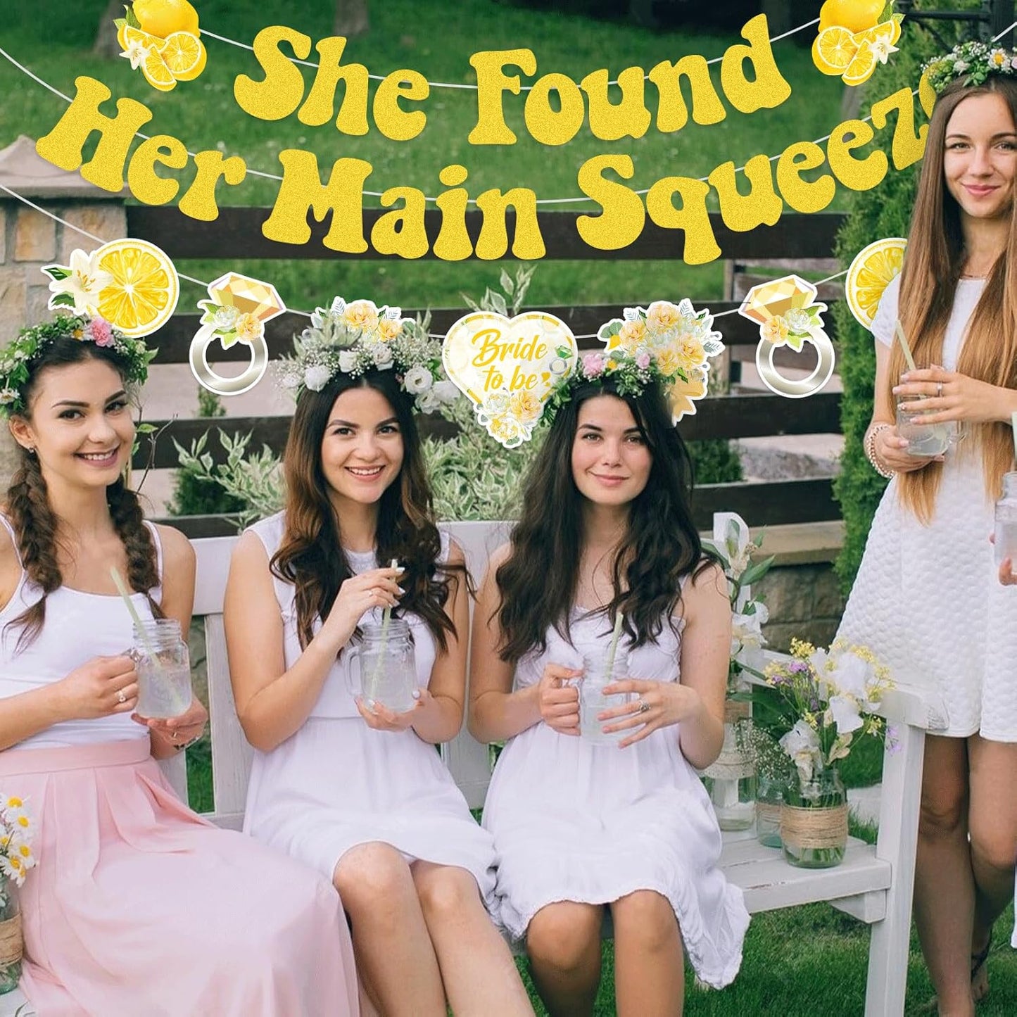 She Found Her Main Squeeze Banner-Lemon Theme Bridal Shower Decoration, Diamond Ring Garland for Lemon Bridal Shower Bachelorette Wedding Engagement Party Supplies