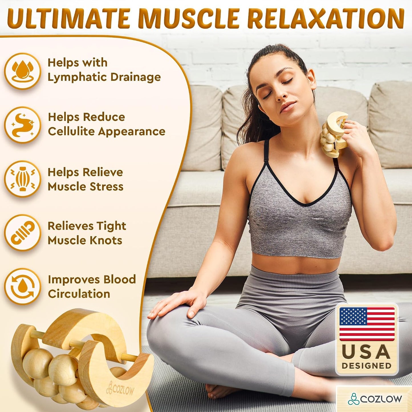 MyoRelease Lymphatic Drainage Massager - Yellow - Handheld Massage Roller | - fascia release massage tool for shoulder, neck, belly, thigh, leg, back, glutes - helps reduce cellulite appearance