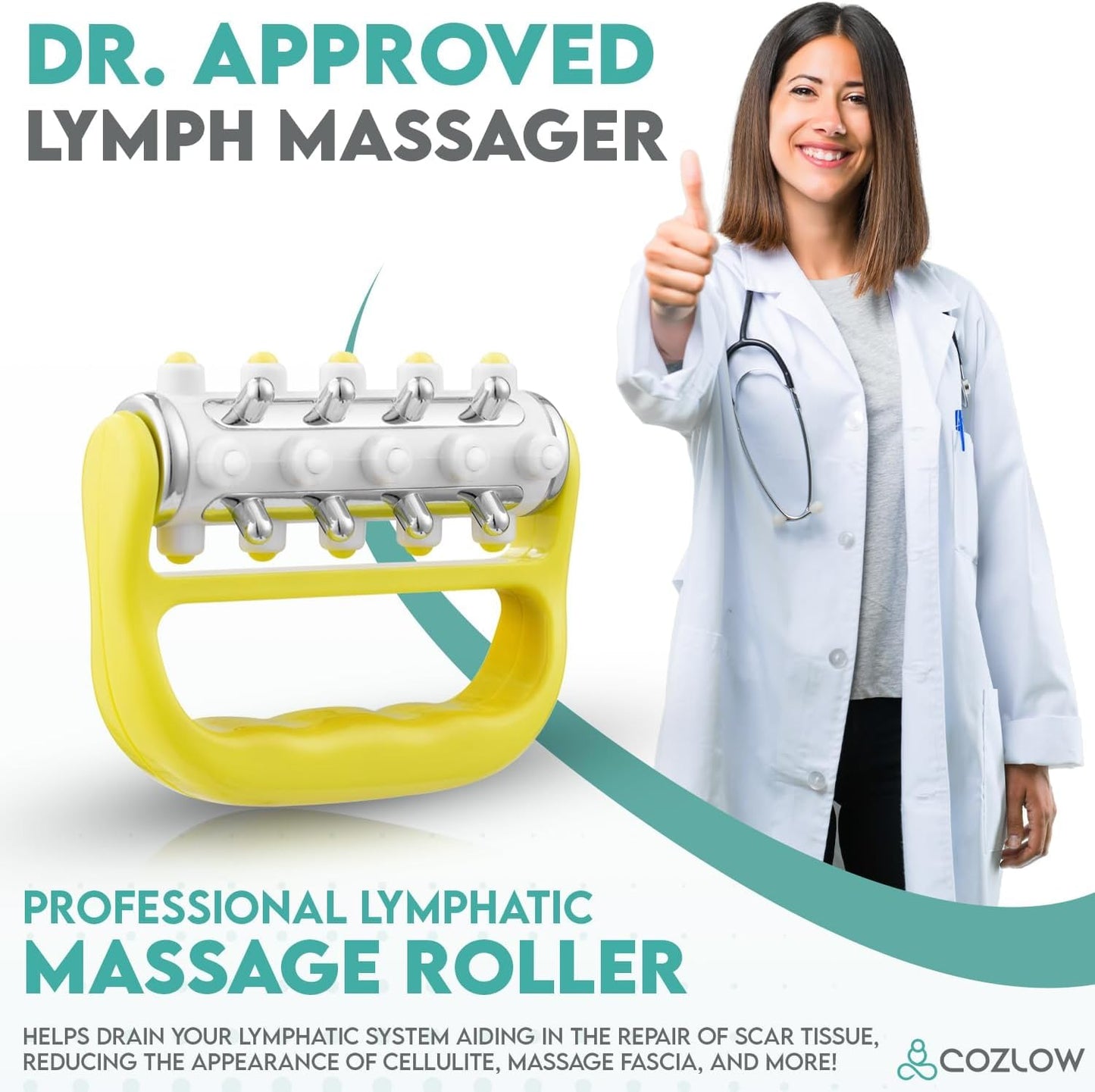 MyoRelease Lymphatic Drainage Massager - Yellow - Handheld Massage Roller | - fascia release massage tool for shoulder, neck, belly, thigh, leg, back, glutes - helps reduce cellulite appearance
