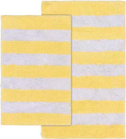 Beach Stripe Washable Bath Rug Set – 2-Piece Non-Slip, Soft & Absorbent Bathroom Mats, Quick-Dry, Machine Washable, Classic Striped Design (Yellow/White)