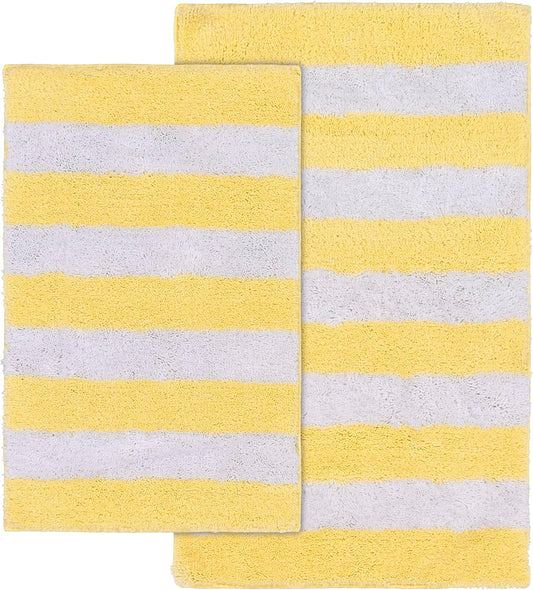 Beach Stripe Washable Bath Rug Set – 2-Piece Non-Slip, Soft & Absorbent Bathroom Mats, Quick-Dry, Machine Washable, Classic Striped Design (Yellow/White)