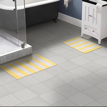 Beach Stripe Washable Bath Rug Set – 2-Piece Non-Slip, Soft & Absorbent Bathroom Mats, Quick-Dry, Machine Washable, Classic Striped Design (Yellow/White)