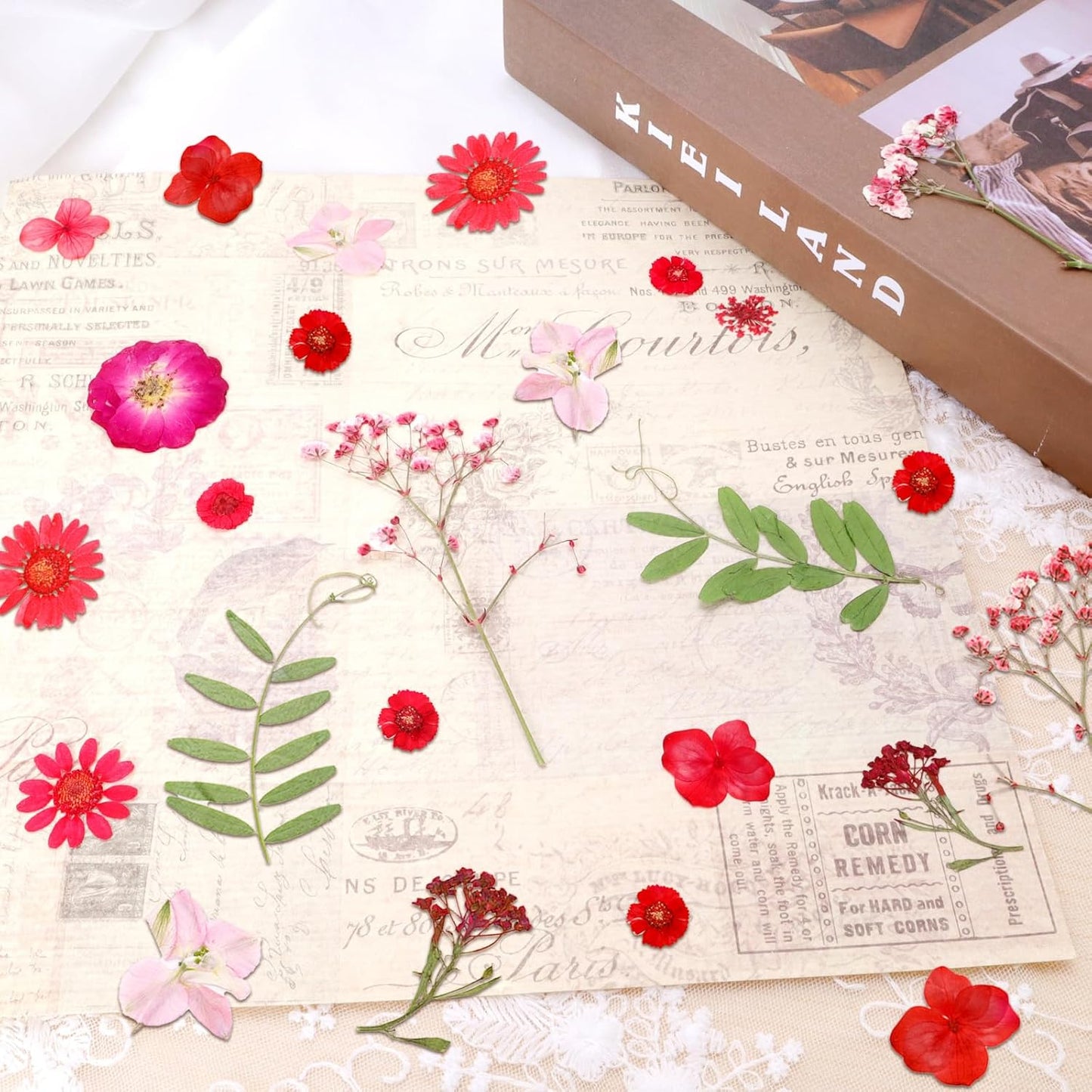 Dried Pressed Flowers Real Pressed Flowers Natural Dry Leaves Bulk Mixed Colorful Herbs Kit with Tweezers for Scrapbooking DIY Candle Jewelry Crafts Making Nails (Red)
