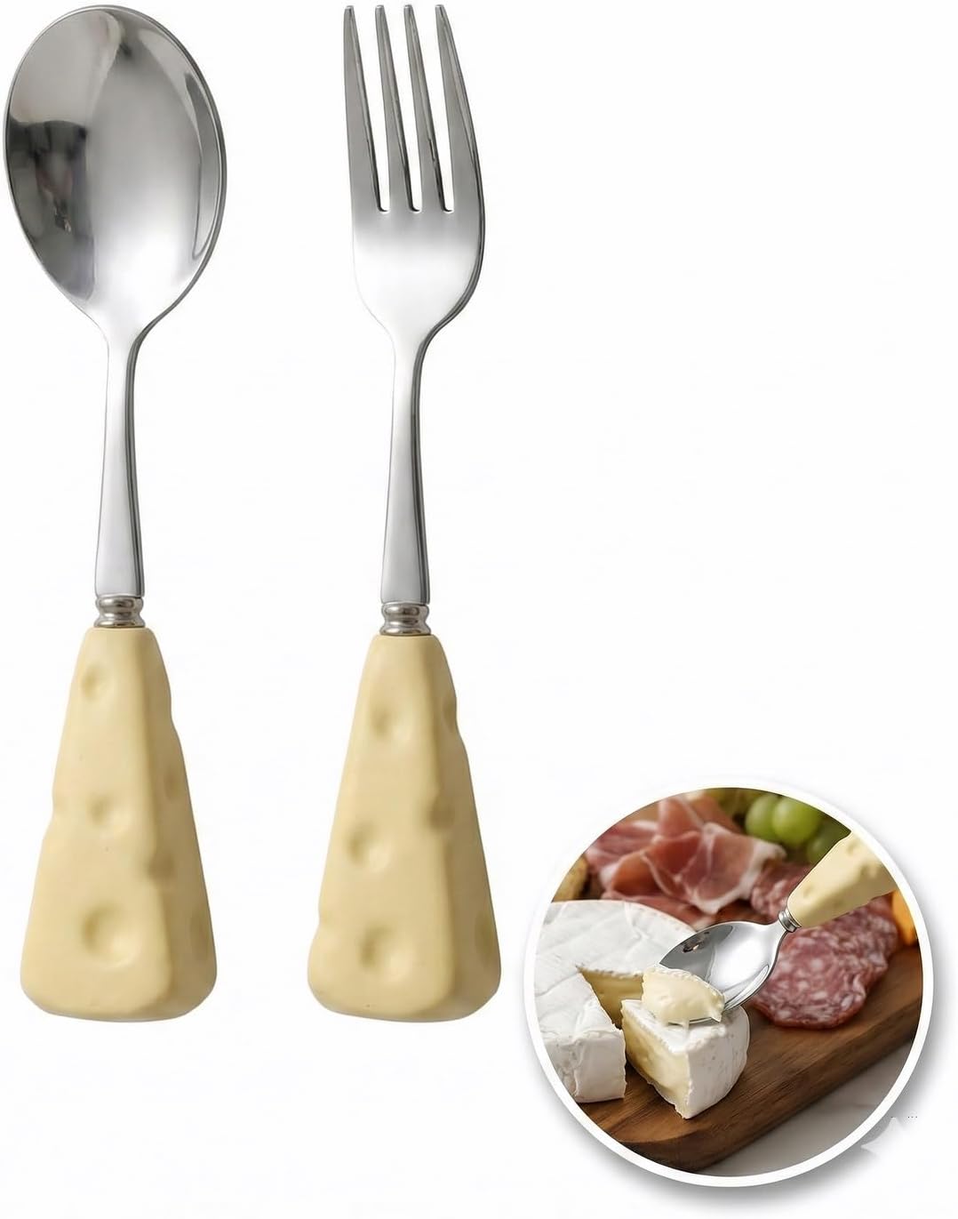 5.3 Inch 2 Pcs Fruit Fork and Spoon Set - Stainless Steel Flatware Set, Creative Cheese Handle Dessert Cutlery, Mirror Polished Mini Silverware (Yellow)