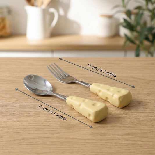 5.3 Inch 2 Pcs Fruit Fork and Spoon Set - Stainless Steel Flatware Set, Creative Cheese Handle Dessert Cutlery, Mirror Polished Mini Silverware (Yellow)