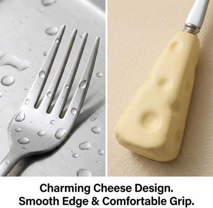 5.3 Inch 2 Pcs Fruit Fork and Spoon Set - Stainless Steel Flatware Set, Creative Cheese Handle Dessert Cutlery, Mirror Polished Mini Silverware (Yellow)
